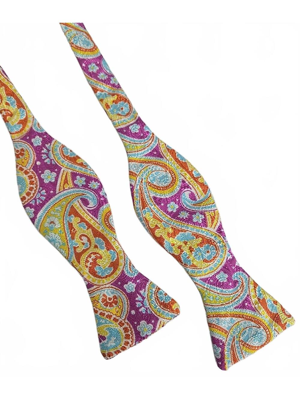 Carrot & Gibbs Silk Bowtie Bow Tie Vibrant Pink Yellow Paisley Adjustable USA